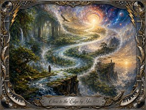A mystical river winds through lush forests and towering cliffs toward a radiant cosmic horizon, forming a graceful S-shaped journey. Golden sunlight blends with deep blues, greens, and violet stars in a richly detailed painterly style. An ornate chrome-and-gold musical frame surrounds the dreamlike scene, finished with an engraved title plate.