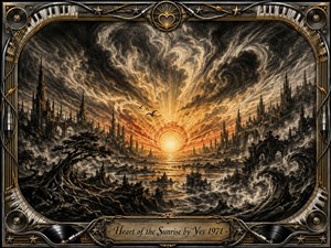 A radiant golden sunrise erupts above a surreal charcoal landscape of jagged spires, ruined cities, reflective water, and swirling clouds. Dark feathered textures contrast with fiery amber light, creating a majestic, mysterious mood. An ornate chrome-and-gold musical frame surrounds the scene, with piano keys, vinyl records, cables, stars, and an engraved title plate.