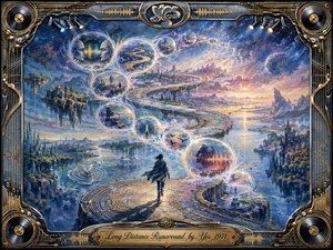A lone traveler follows a sweeping golden roadway through a vast dreamlike cosmic landscape of floating islands, distant cities, and glowing seas. Feathered bubbles curve in an S-shaped trail, revealing fragmented memories and faces. Cool blues, violet clouds, warm sunset gold, and luminous highlights create a surreal, nostalgic progressive-rock atmosphere.