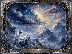 A sweeping oil-painted alpine wilderness shows roped climbers crossing a frozen ridge beneath towering, jagged peaks. Deep blues, silver whites, and slate shadows create a cold, perilous mood, while radiant golden light breaks through storm clouds and a star-filled sky. An ornate chrome-and-gold musical frame surrounds the dramatic, mystical scene.
