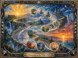 A sweeping fantasy landscape follows a winding road through cliffs, waterfalls, forests, ruins, and glowing coastlines, while translucent memory bubbles form a graceful S-curve across the scene. Rich blues, golds, oranges, and twilight violets create a dreamlike mood, framed by ornate black-and-gold musical details and a polished engraved title plate.