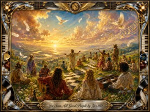 A radiant gathering of free-spirited figures overlooks a vast golden valley at sunset, evoking harmony, reflection, and communal hope. Warm amber, blue, and green tones glow beneath dramatic clouds as doves, feathers, and flowing musical notes fill the sky. Ornate chrome-and-gold instrument details frame the richly painted scene.