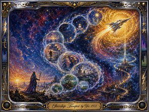 A lone cosmic traveler gazes across a surreal star-filled landscape as luminous memory bubbles sweep in an S-curve toward a radiant starship and golden celestial vortex. Rich blues, violets, crimson, silver, and gold glow with dramatic light. Detailed acrylic textures, floating cities, birds, stars, and ornate musical framing create an epic, transcendent mood.