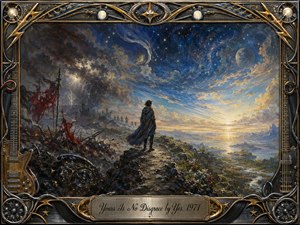 A solitary figure stands between a scarred, storm-darkened wasteland and a luminous cosmic horizon, suggesting conflict, survival, and transcendence. Deep blues, blackened earth, gold, and radiant white shape the dramatic oil-painted scene. An ornate chrome-and-gold musical frame surrounds the composition, with guitars, cables, stars, and an engraved title plate.