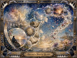 A dreamy watercolor-and-gouache collage traces time through glowing feathered bubbles curving in an elegant S-shape across a blue-gold cosmic landscape. Clocks, sundials, handwritten pages, flowers, ruins, and a solitary figure evoke reflection and memory. Soft luminous light, mauve accents, stars, and an ornate musical frame create mystical nostalgia.