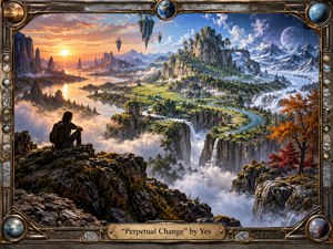 A lone traveler overlooks a vast surreal valley transforming from golden sunset to green daylight and icy moonlit mountains. Rivers, waterfalls, floating cliffs, mist, and autumn trees create a majestic sense of perpetual motion. Rich bronze framing, luminous skies, intricate textures, and cinematic fantasy realism evoke reflection, wonder, and change.