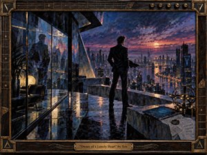 A solitary man stands above a futuristic city at sunset, framed by reflective glass and angular architecture. Deep blues and violets contrast with fiery orange light, creating a mood of isolation, ambition, and emotional tension. Painterly textures, mirrored reflections, metallic details, and the instrument-inspired frame reinforce the dramatic 1980s atmosphere.