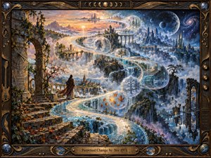 A luminous S-curving river winds through a fantastical landscape of ruins, waterfalls, distant cities, and cosmic skies, carrying translucent memory-like spheres through shifting seasons and worlds. Warm sunset gold transitions into icy blues and starlight, while intricate painterly detail, dramatic depth, and an ornate bronze musical frame create a dreamlike sense of endless transformation.
