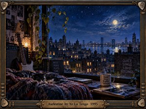 A moonlit city glows beyond an intimate apartment window, where a guitar, amplifier, sleeping cat, trailing plants, records, and steaming mug create a reflective sanctuary. Deep blues contrast with warm amber lamplight and distant windows, while the ornate brass musical frame reinforces the nostalgic, quietly emotional painterly atmosphere.