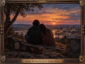 A young couple sits together on a rocky overlook, watching a glowing sunset settle over a river city and distant hills. Warm orange light contrasts with deep blue shadows, creating a reflective, hopeful mood. A weathered guitar case, handwritten message, and ornate instrument-inspired frame enrich the cinematic painted scene.