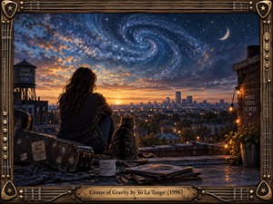 A solitary woman and cat overlook a glowing city at sunset beneath a swirling star-filled sky. Warm amber lights contrast with deep blues, creating a reflective, dreamlike mood. Guitar strings, picks, weathered wood, records, and brass details form an intricate musical frame around the cinematic rooftop scene.