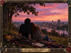 A couple sits close together on a grassy overlook at sunset, watching a glowing riverside city beneath pink and violet clouds. Warm lights shimmer across the water while a guitar, plaid blanket, notebook, and cherry lip balm add intimate detail. An ornate music-inspired frame gives the cinematic scene nostalgic warmth.