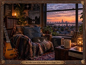 A cozy music room overlooks a glowing city sunset, blending warm amber light with dusky blue shadows. A guitar, record collection, plants, patterned textiles, and sleeping cat create an intimate retreat. Rich photographic realism, nostalgic details, and the instrument-inspired wooden frame reinforce the peaceful, reflective atmosphere.