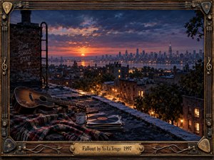 A weathered guitar rests on a blanket beside vinyl records and a mug on a city rooftop at sunset. Deep blue clouds frame a glowing orange horizon and illuminated skyline, creating a reflective, nostalgic mood. Ornate wood and metal framing, musical hardware, and an engraved brass title plate complete the cinematic artwork.