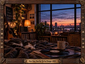 A warmly lit loft overlooks a blue and amber city sunset, creating a quiet, intimate mood. A sleeping cat rests among textured blankets beside vinyl records, a guitar, books, plants, candles, and a turntable. Rich wood tones and glowing lamps enhance the nostalgic photographic realism within an ornate musical frame.