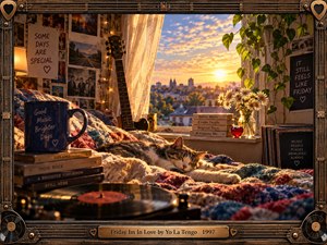 A cozy bedroom glows in golden sunset light as a sleeping cat rests on a colorful quilt beside a guitar, spinning record, books, flowers, and trailing plants. Warm amber, blue, and red tones create a nostalgic, affectionate mood, framed by intricate wood, metal, strings, records, and heart motifs.