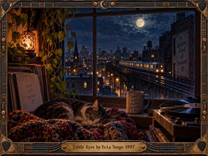 A sleeping cat rests on a richly textured blanket beside a moonlit apartment window overlooking glowing city streets and an elevated train. Warm amber lamplight contrasts with deep blue night tones, while records, plants, a turntable, handwritten messages, and an ornate guitar-inspired frame create an intimate, nostalgic atmosphere.