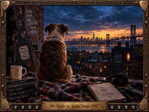 A scruffy dog sits on a rooftop overlooking a glowing city skyline and suspension bridge at dusk. Warm amber lights contrast with deep blue storm clouds, creating a reflective, resilient mood. Guitar cases, records, headphones, notebooks, and a plaid blanket enrich the cinematic photographic scene within an ornate musical frame.