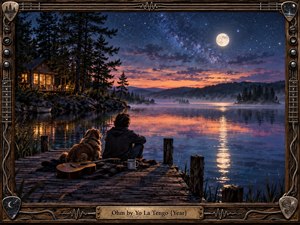 A solitary figure and dog sit on a weathered dock beside a guitar, gazing across a moonlit lake toward misty forested hills. Warm cabin light contrasts with deep blue starlight and glowing sunset reflections. The richly detailed, cinematic scene feels peaceful, contemplative, nostalgic, and quietly transcendent.