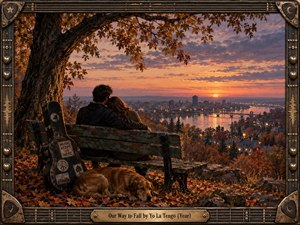 A couple embraces on a weathered bench beneath an autumn tree, overlooking a river city glowing at sunset. Warm orange leaves, shimmering water, distant bridges, and soft evening lights create a tender, nostalgic mood. A guitar case and sleeping dog add intimate detail, framed by intricate musical metalwork.
