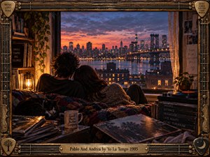 A couple sits together in a warmly lit apartment, gazing across a river toward a glowing city skyline and bridge at sunset. Records, books, plants, a sleeping cat, and a turntable create intimate nostalgia. Rich amber and blue tones, cinematic realism, and an ornate guitar-inspired frame enhance the reflective mood.