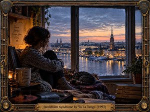 A solitary woman curls beside a sleeping cat in a warmly lit window nook overlooking Stockholm at dusk. Cool blue water, glowing city lights, and a fading peach sky contrast with amber candlelight, records, books, and plants. The cinematic photographic style creates an intimate, reflective mood within an ornate musical frame.