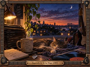 A sleeping cat rests among records, notebooks, a steaming mug, and an electric guitar in a warmly lit apartment overlooking a twilight city. Amber lamplight contrasts with deep blue skies and glowing windows, creating an intimate, dreamy mood. A rustic guitar-string frame and brass title plate complete the detailed photographic composition.