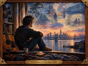 A solitary man sits beside a guitar at an open window, contemplating a glowing city skyline across calm water. Warm orange sunset light blends with deep blues and violet shadows, while ghostlike memories drift through the sky. Expressive oil brushwork, books, photographs, and an ornate wooden frame create wistful nostalgia.