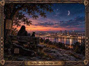 A solitary figure and cat overlook a glowing riverside city at twilight from a weathered hilltop bench. Deep blue skies, a crescent moon, warm sunset clouds, and shimmering reflections create a contemplative, dreamlike mood. A guitar case, old tree, rustic sign, and ornate musical frame add nostalgic detail.
