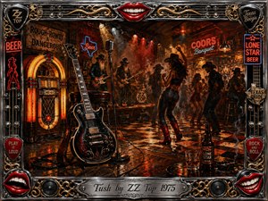 A smoky Texas roadhouse pulses with swaggering blues-rock energy as musicians, dancers, a glowing jukebox, and a black electric guitar fill the scene. Warm reds, amber golds, deep blacks, and chrome highlights shimmer under dramatic stage lights. Rich painterly textures and an ornate music-themed frame create a gritty, playful 1970s atmosphere.