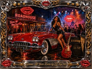 A glamorous woman poses beside a cherry-red hot rod outside a neon roadhouse, surrounded by guitars, amplifiers, dancing silhouettes, and glowing red lips. Saturated reds, chrome silver, gold, and electric blue reflections create a seductive nighttime energy. Painterly acrylic textures and an ornate music-themed frame complete the bold 1980s rock atmosphere.