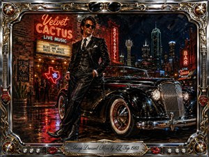 A sharply dressed man in a sleek black suit leans confidently beside a gleaming vintage hot rod on a rain-slicked neon street. Rich reds, golds, chrome, and midnight blues create a swaggering nightlife mood. Dramatic reflections, glowing club signs, city lights, and an ornate guitar-themed frame give the oil-painted scene luxurious rock-and-roll flair.