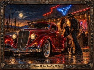 A fiery red hot rod dominates a moonlit desert roadhouse, where a stylish couple leans together beside glowing neon and live music. Rich reds, electric blues, amber bulbs, and chrome reflections create a seductive, high-energy mood. Textured painterly detail, weathered wood, cactus silhouettes, and the guitar-inspired frame evoke gritty Southwestern rock-and-roll swagger.