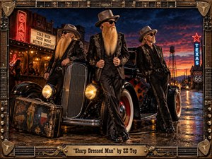 Three sharply dressed, bearded musicians pose beside a flame-painted vintage hot rod on a rain-slick Texas street at sunset. Neon signs, a rustic bar, Route 66 details, and glowing headlights create a confident, swaggering mood. Rich blacks, amber light, crimson skies, ornate suits, and a guitar-inspired frame give the scene a polished handcrafted character.