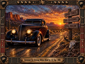 A glossy black hot rod dominates a desert highway beneath a fiery orange sunset, surrounded by rugged mesas, cactus, weathered signs, and a horned skull. Warm headlights and reflective pavement create a restless road-trip mood, while the richly painted scene sits inside an ornate, amplifier-inspired bronze and black frame.