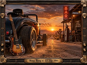 A weathered hot rod and battered electric guitar dominate a dusty desert roadside at sunset, beside a rustic neon bar. Fiery orange light, deep shadows, worn metal, leather, and wood create a gritty, rebellious mood. The ornate amplifier-inspired frame reinforces the handcrafted Southern rock character.
