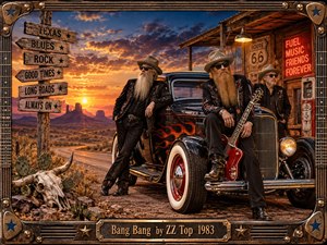 Three bearded rock musicians pose beside a flame-painted vintage hot rod outside a rustic desert roadhouse at sunset. Warm orange light illuminates weathered wood, Route 66 details, neon signs, cactus, and a longhorn skull. An ornate guitar-inspired metal frame reinforces the gritty Texas blues-rock atmosphere.