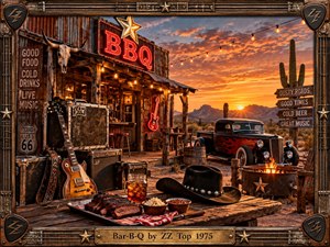 A weathered Texas roadhouse glows beneath a fiery desert sunset, surrounded by cacti, string lights, vintage signs, and a flame-painted hot rod. Barbecue, an iced drink, cowboy hat, guitar, and battered amplifiers fill the foreground. Rustic wood and metal textures create a warm, rowdy, handcrafted atmosphere.