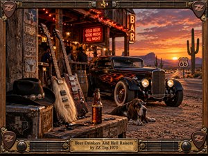 A fiery desert sunset frames a weathered roadside bar, vintage hot rod, rugged guitars, beer bottle, cowboy hat, and relaxed hound. Warm amber neon and dusty orange light create a rowdy, nostalgic 1970s Texas rock mood, enclosed by an ornate wood, brass, guitar-string, and amplifier-inspired frame.