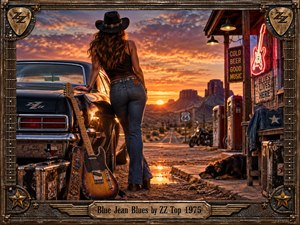 A lone woman in faded blue jeans leans against a vintage black car beside a weathered desert roadhouse at sunset. Warm amber light, distant mesas, an electric guitar, motorcycle, neon signs, and dusty textures create a soulful, road-worn blues atmosphere, enclosed by an ornate guitar-inspired metal frame.