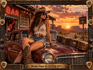 A confident cowgirl rests on a weathered red hot rod outside a rustic Texas roadside bar at sunset. Warm amber light fills the desert, highlighting mesas, cactus, neon signs, worn wood, and a vintage guitar case. The richly textured scene blends cinematic realism with rugged blues-rock Americana.