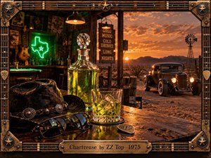 A weathered Texas roadhouse glows beneath a fiery desert sunset, framing chartreuse liquor, cut glass, a battered cowboy hat, sunglasses, and a vintage hot rod. Rich amber and electric green lighting create a gritty, playful rock atmosphere, while guitar-string borders, bronze hardware, neon, cacti, and a windmill add handcrafted detail.
