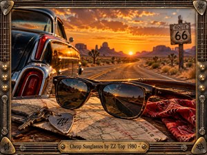 Worn black sunglasses rest across a weathered road map beside keys and a red bandana, while a polished vintage car faces a desert highway glowing beneath a fiery sunset. Warm amber light, rugged textures, Route 66 imagery, and guitar-inspired metal framing create a dusty, confident, blues-rock atmosphere.
