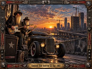 Two bearded rock musicians perform beside a gleaming black hot rod overlooking a rising steel city at sunset. Fiery orange light cuts through stormy clouds, reflecting across wet concrete and industrial structures. The richly detailed painted scene feels rugged and powerful, enclosed by a weathered guitar-inspired metal frame with a brass title plate.