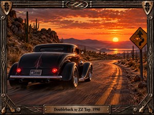 A glossy black hot rod races along a winding desert highway toward a blazing orange sunset, surrounded by rugged cliffs, distant mountains, and towering cacti. Warm reflections streak across the asphalt while glowing taillights intensify the restless mood. An ornate guitar-inspired metal frame and engraved title plate complete the cinematic realism.