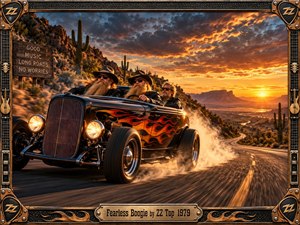 A flame-painted hot rod races along a winding desert highway at sunset, carrying three rugged musicians beneath a fiery cloud-filled sky. Golden light, flying dust, towering cacti, and distant mesas create fearless momentum. Detailed photographic realism, guitar-inspired metal framing, weathered textures, and glowing headlights reinforce the energetic boogie-rock atmosphere.
