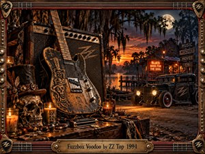 A battered electric guitar and vintage amplifier dominate a moonlit Southern swamp, surrounded by candles, beads, a top-hatted skull, and weathered musical relics. Warm amber neon, fiery sunset reflections, a custom hot rod, and moss-draped trees create a gritty blues-rock atmosphere, enclosed by an ornate guitar-string and brass frame.