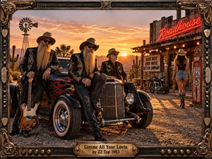 Three bearded rockers gather around a flame-painted hot rod outside a weathered desert roadhouse at sunset. Golden light, dusty earth, cactus silhouettes, neon, chrome, and Western details create a swaggering, energetic mood. A richly crafted amplifier-inspired metal frame, vintage guitar, motorcycle, and engraved title plate reinforce the hard-driving rock aesthetic.