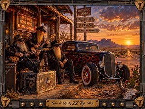 Three bearded musicians relax beside a flame-painted hot rod and rustic Texas roadhouse as a blazing sunset illuminates desert mesas and an endless highway. Warm orange, brown, and black tones create a rugged, nostalgic mood. Detailed realistic textures, vintage instruments, road signs, and an ornate guitar-inspired frame complete the scene.