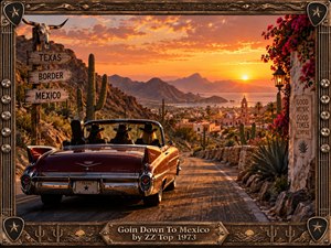 A deep red vintage convertible winds through a rugged desert toward a glowing Mexican town at sunset. Three shadowed travelers in wide-brimmed hats face the road ahead, surrounded by towering cacti, rocky mountains, and warm adobe architecture. Ornate bronze framing, guitar-string details, and amber light create a gritty, adventurous period atmosphere.